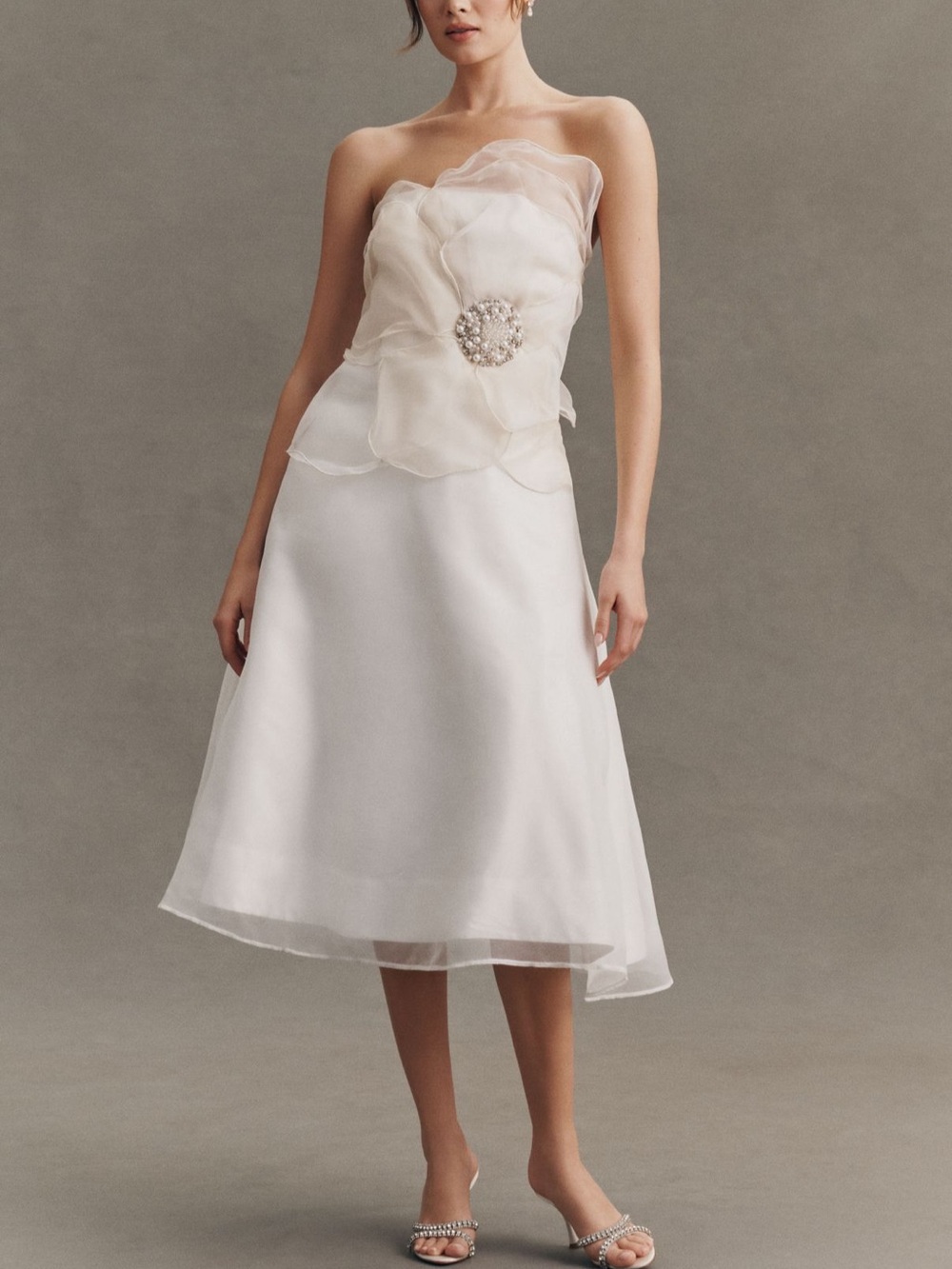 BHLDN Ivory Strapless Organza Midi Dress with Floral Brooch